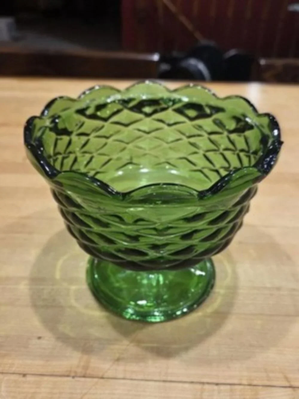 Vintage Indiana Glass Green Quilted Diamond Pedestal Candy Bowl Duette MCM